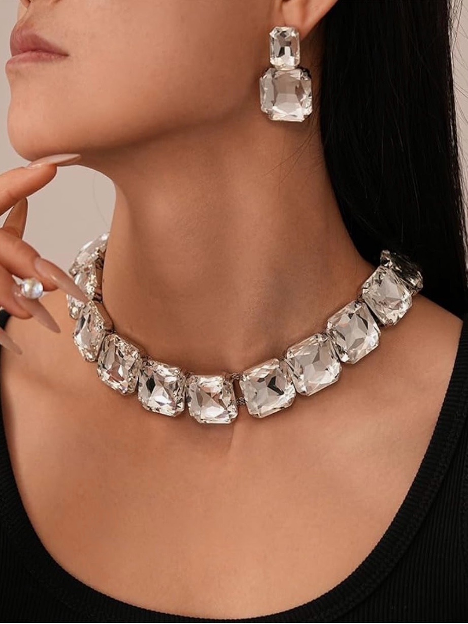 Crystal Statement Necklace And Earrings Set - Clear
